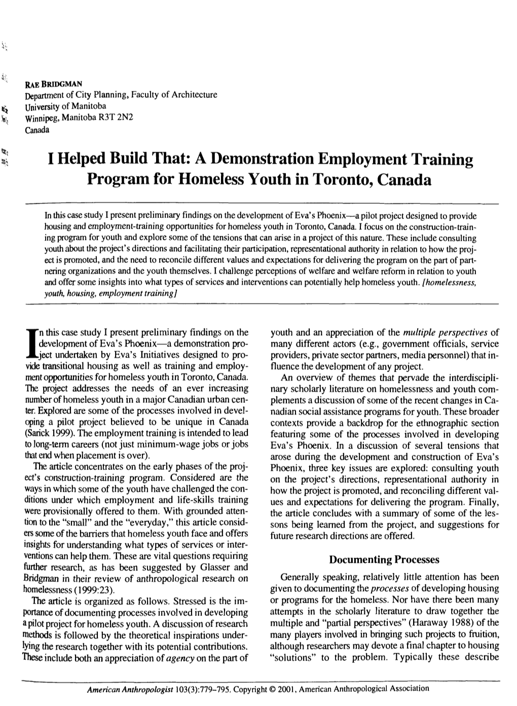 I Helped Build That: a Demonstration Employment Training Program for Homeless Youth in Toronto, Canada