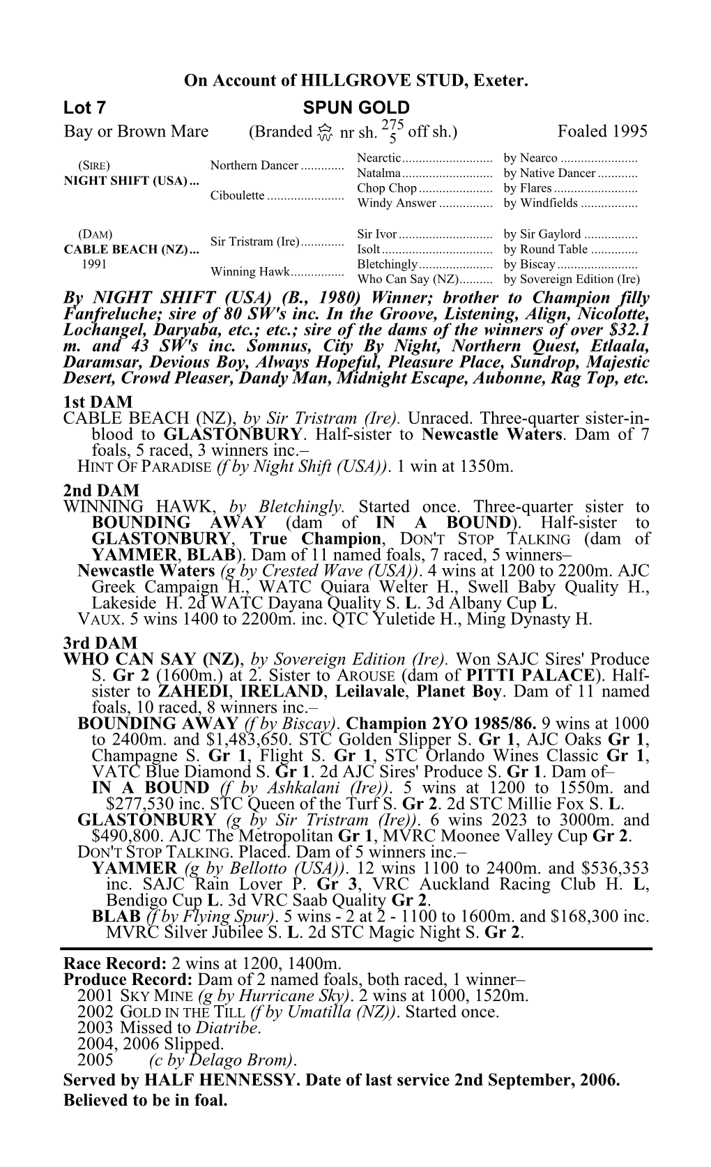 On Account of HILLGROVE STUD, Exeter. Lot 7 SPUN GOLD 275 Bay Or Brown Mare (Branded Nr Sh