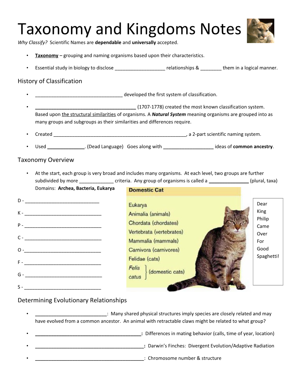 Taxonomy Grouping and Naming Organisms Based Upon Their Characteristics