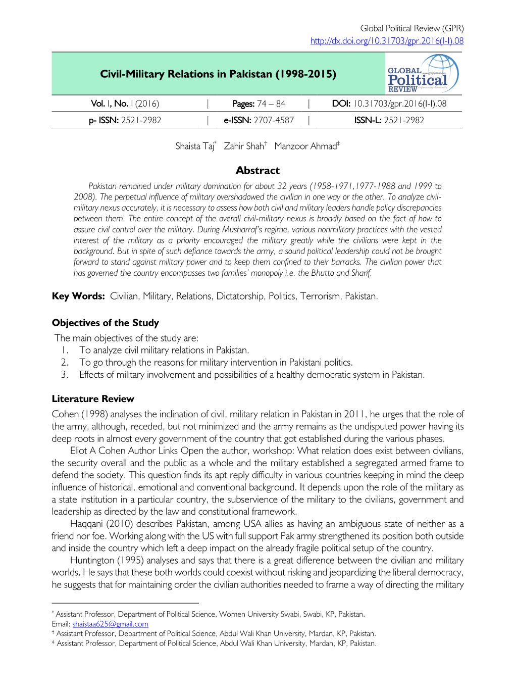 Civil-Military Relations in Pakistan (1998-2015)