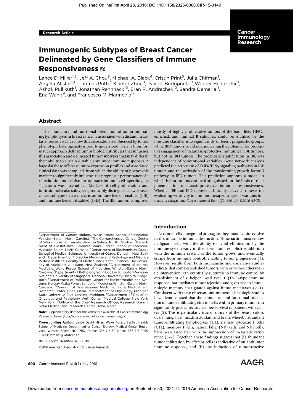 Immunogenic Subtypes of Breast Cancer Delineated by Gene Classiﬁers of Immune Responsiveness Lance D