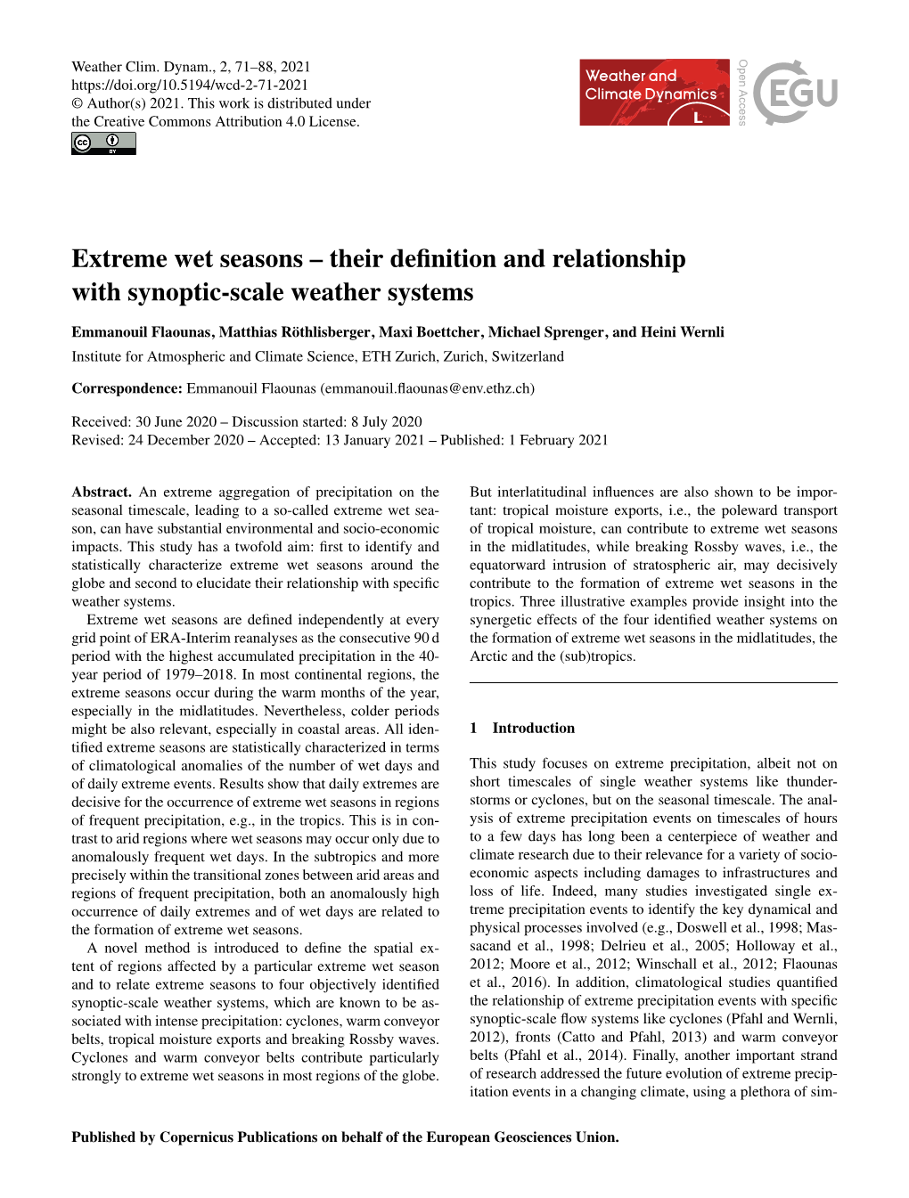 Extreme Wet Seasons – Their Definition and Relationship with Synoptic-Scale