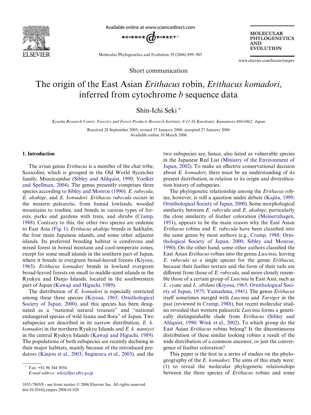 Erithacus Robin, Erithacus Komadori, Inferred from Cytochrome B Sequence Data