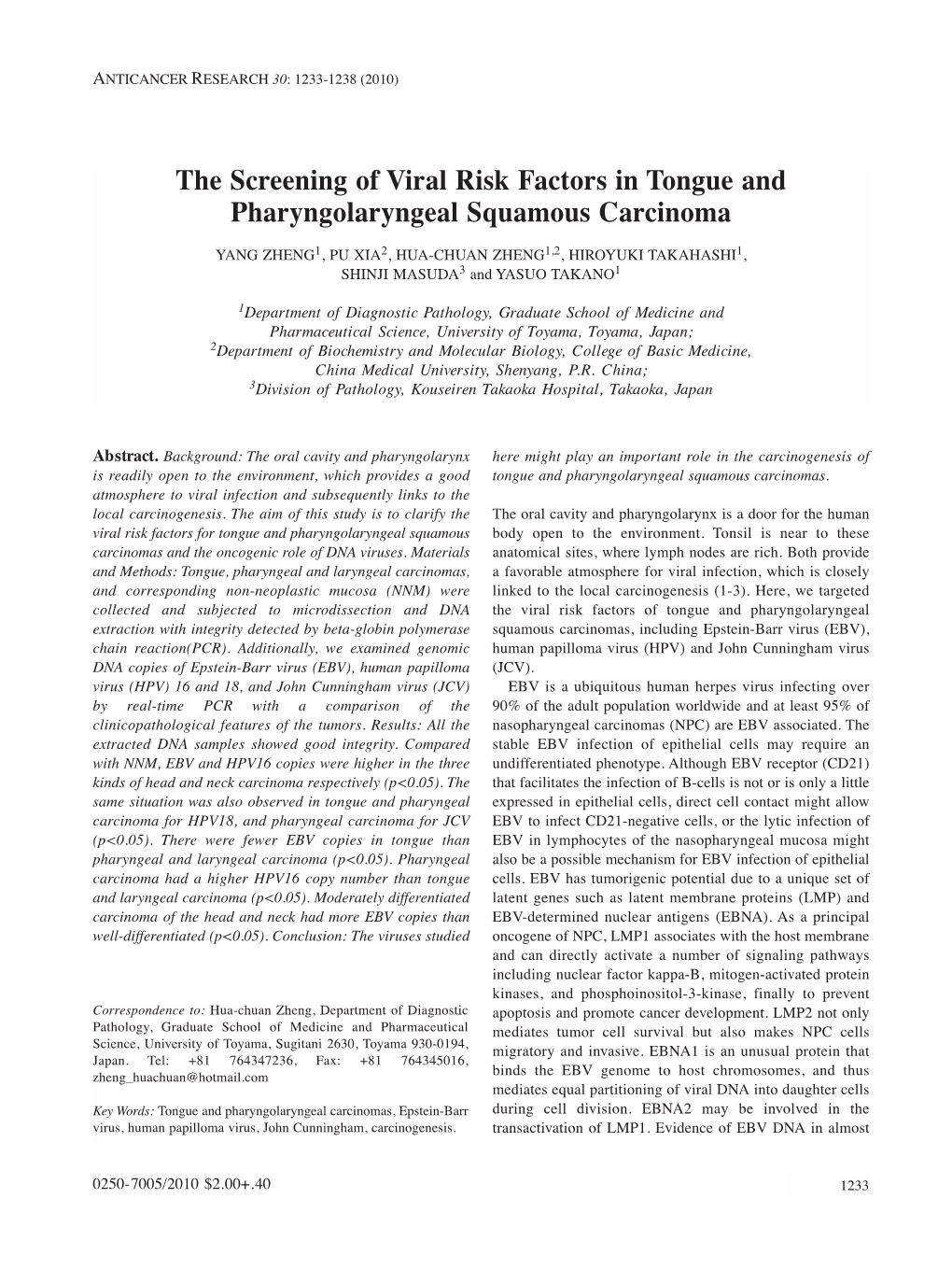 The Screening of Viral Risk Factors in Tongue and Pharyngolaryngeal Squamous Carcinoma