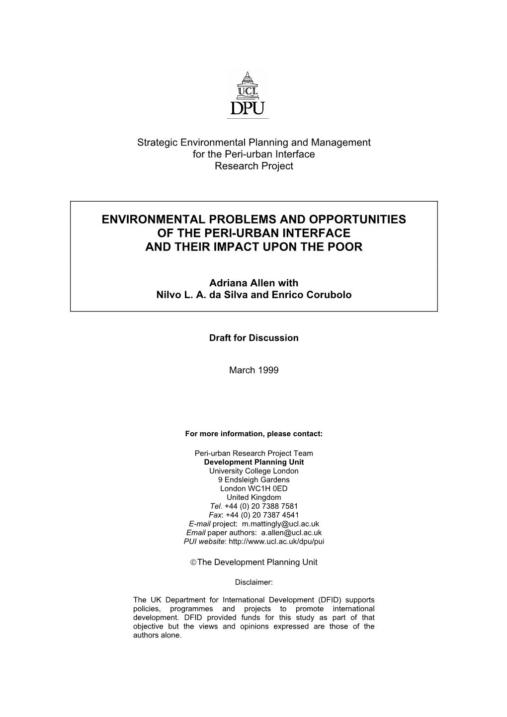 Environmental Problems and Opportunities of the Peri-Urban Interface and Their Impact Upon the Poor