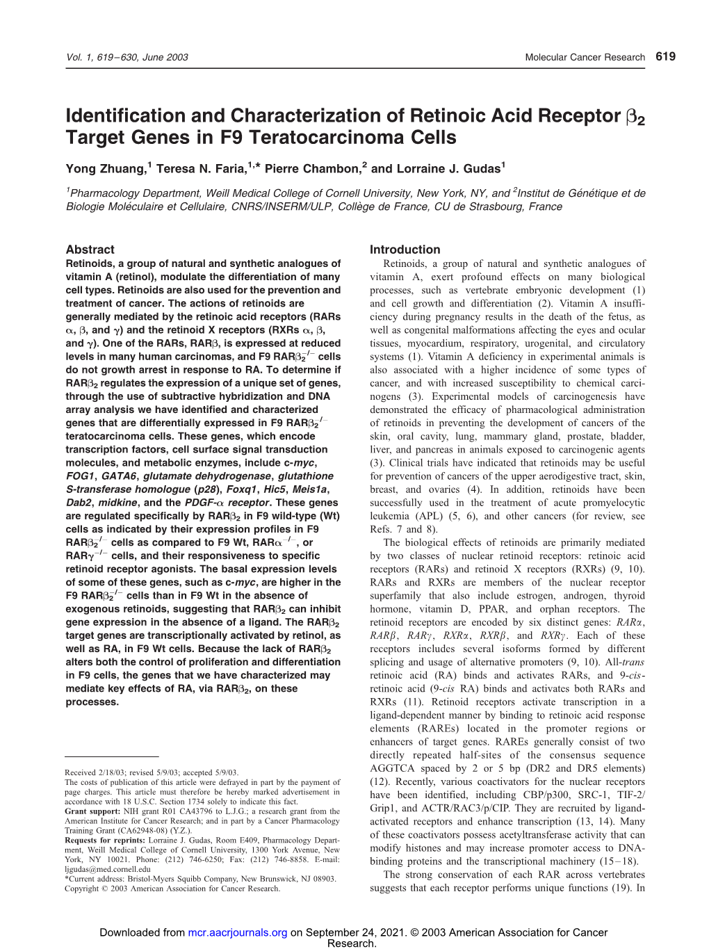 Identification and Characterization of Retinoic Acid Receptor B2 Target Genes in F9 Teratocarcinoma Cells