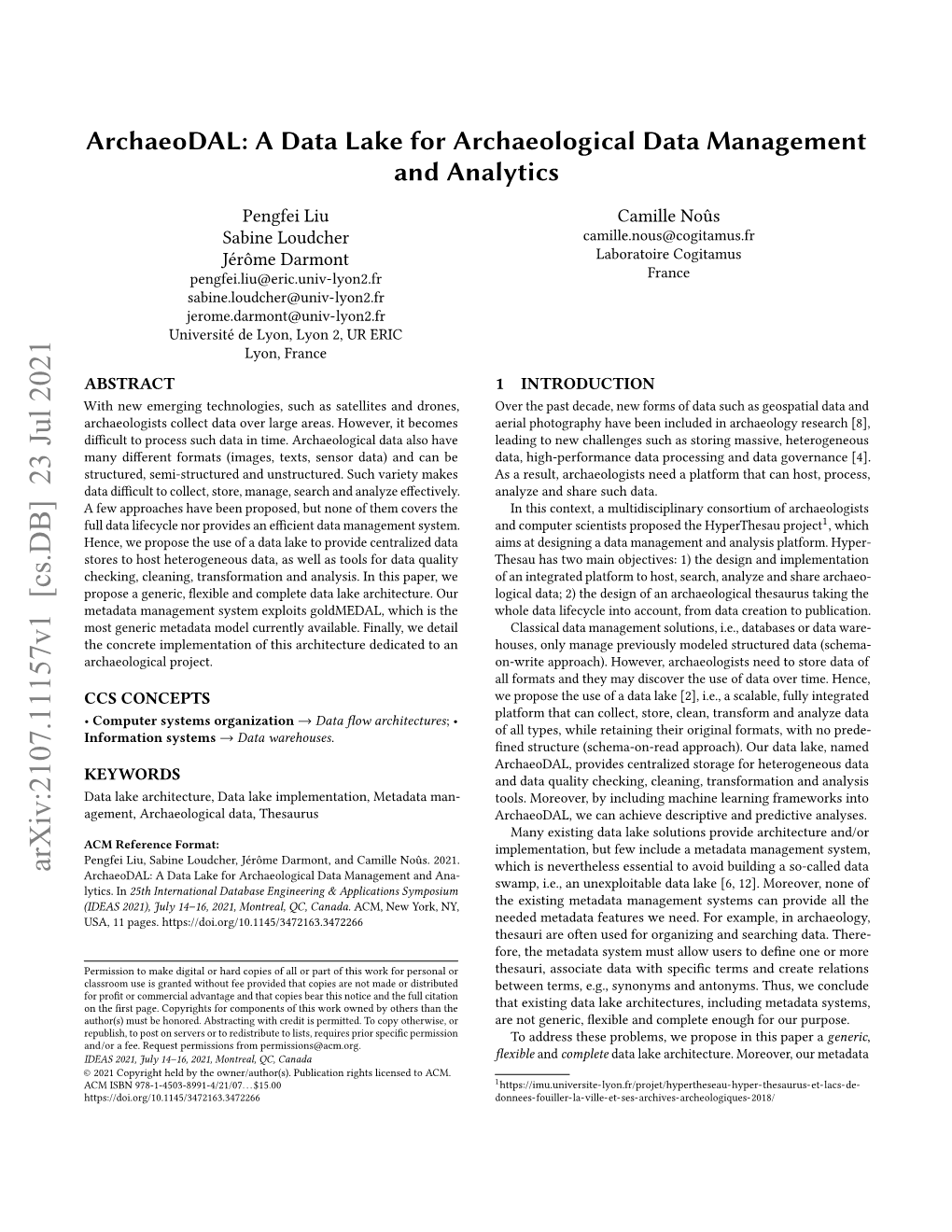 A Data Lake for Archaeological Data Management and Analytics