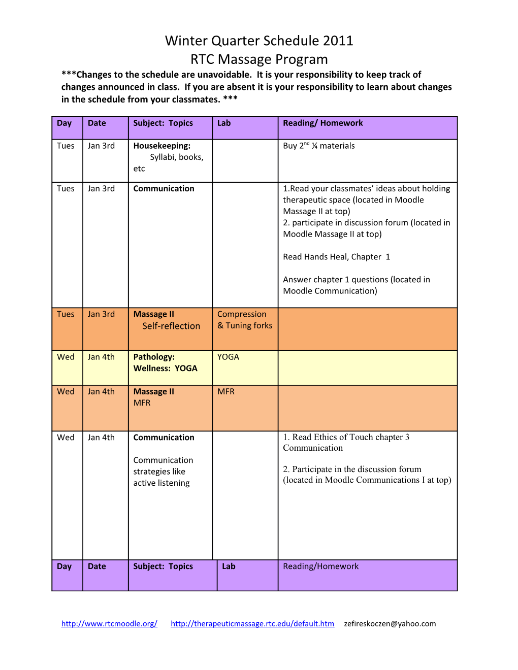 Winter Quarter Schedule 2011