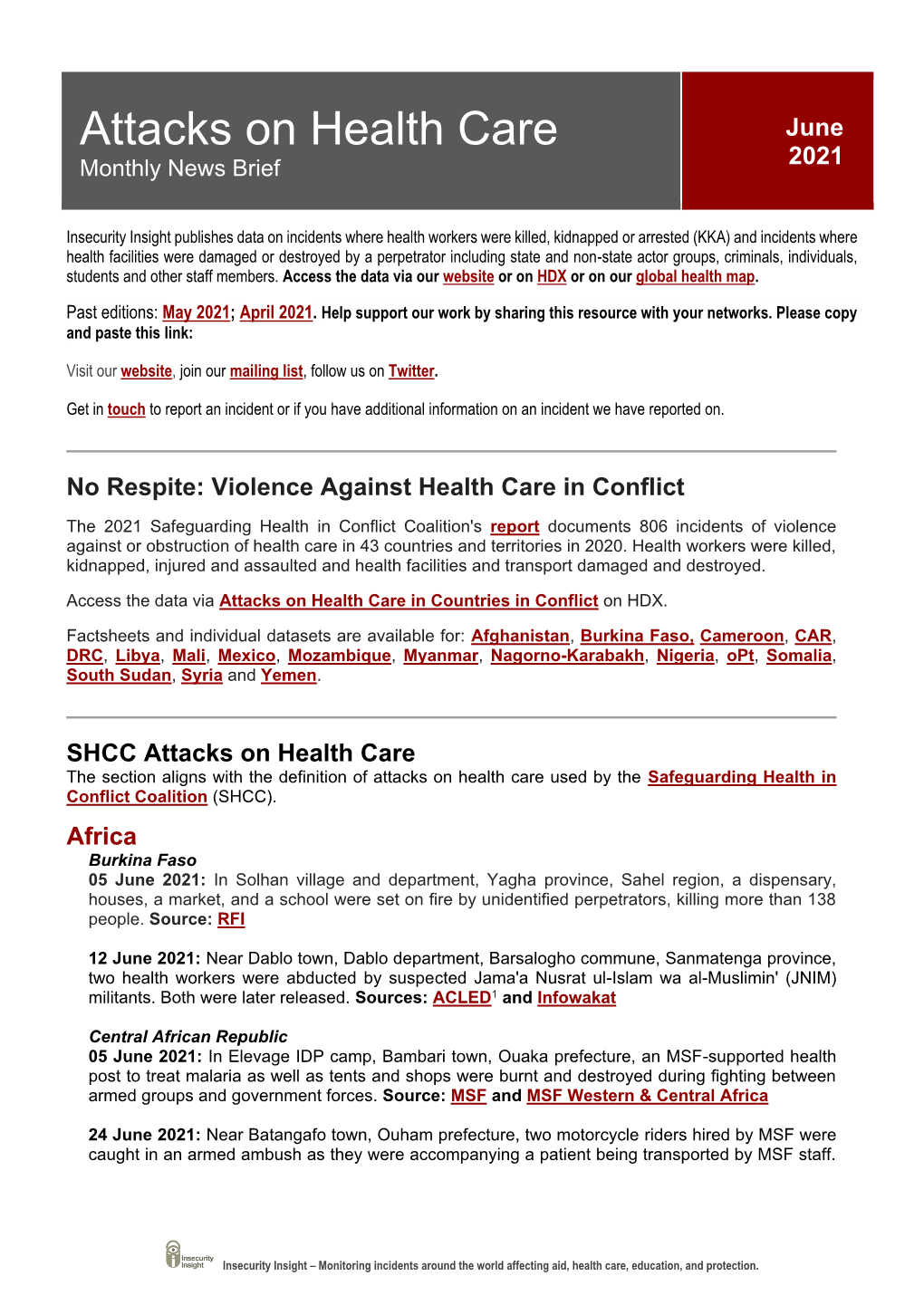 Attacks on Health Care Monthly News Brief, June 2021