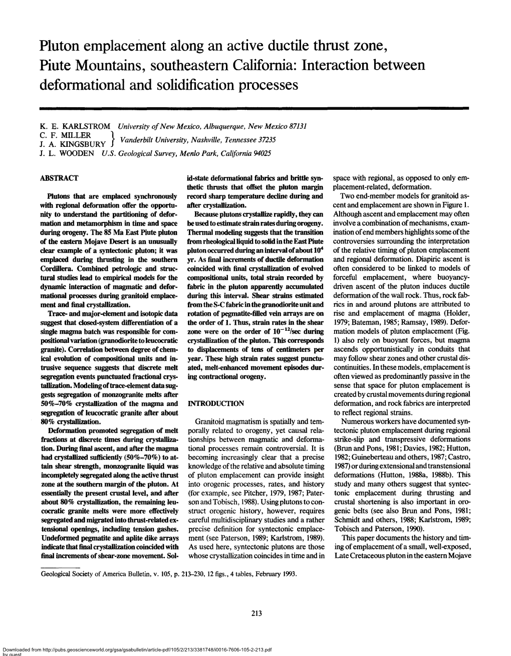 Pluton Emplacement Along an Active Ductile Thrust Zone, Piute Mountains, Southeastern California: Interaction Between Deformationai and Solidification Processes