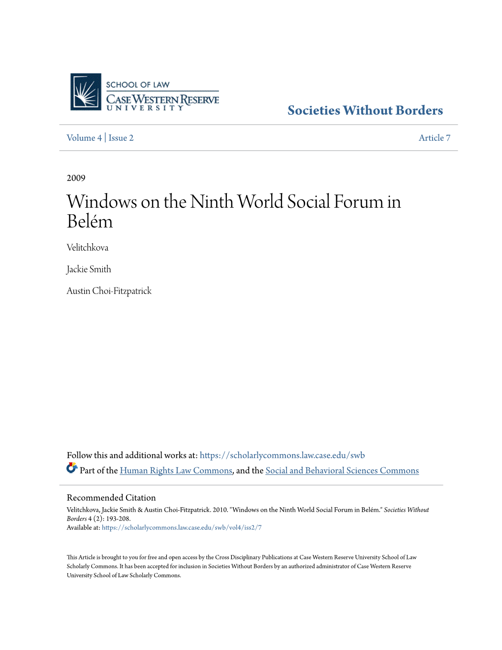 Windows on the Ninth World Social Forum in Belém Velitchkova