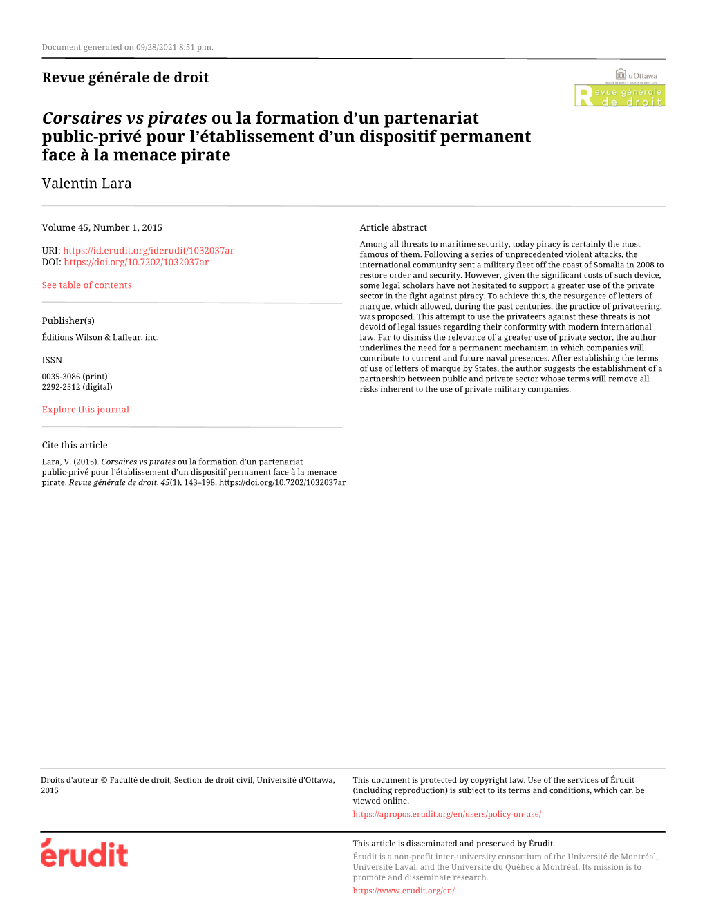 Corsaires Vs Pirates Ou La Formation D'un Partenariat Public-Privé Pour L'établissement D'un Dispositif Permanent Face