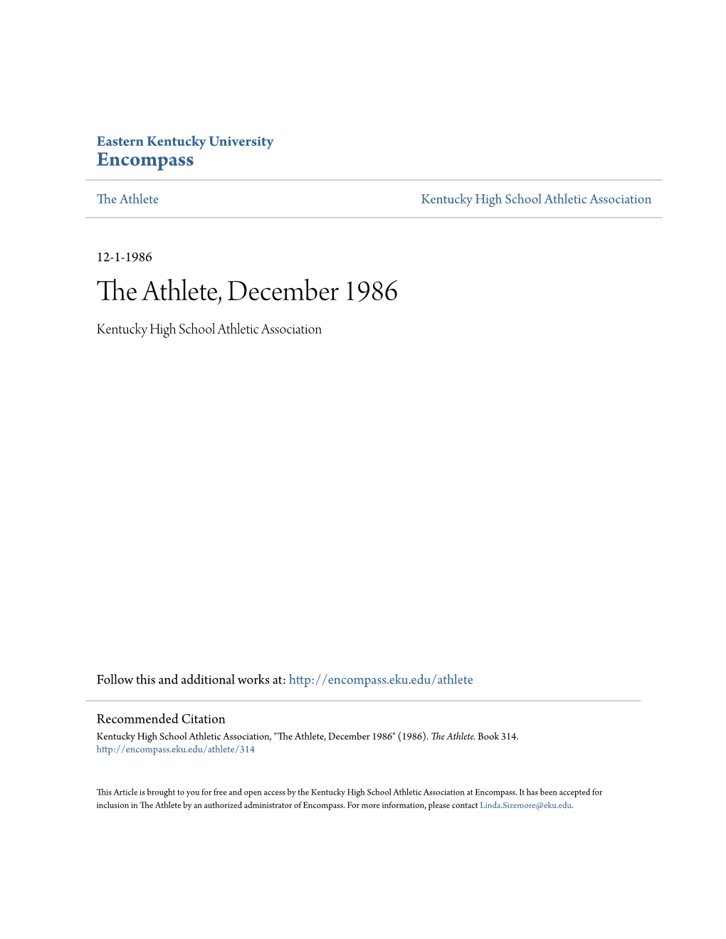 The Athlete, December 1986 Kentucky High School Athletic Association