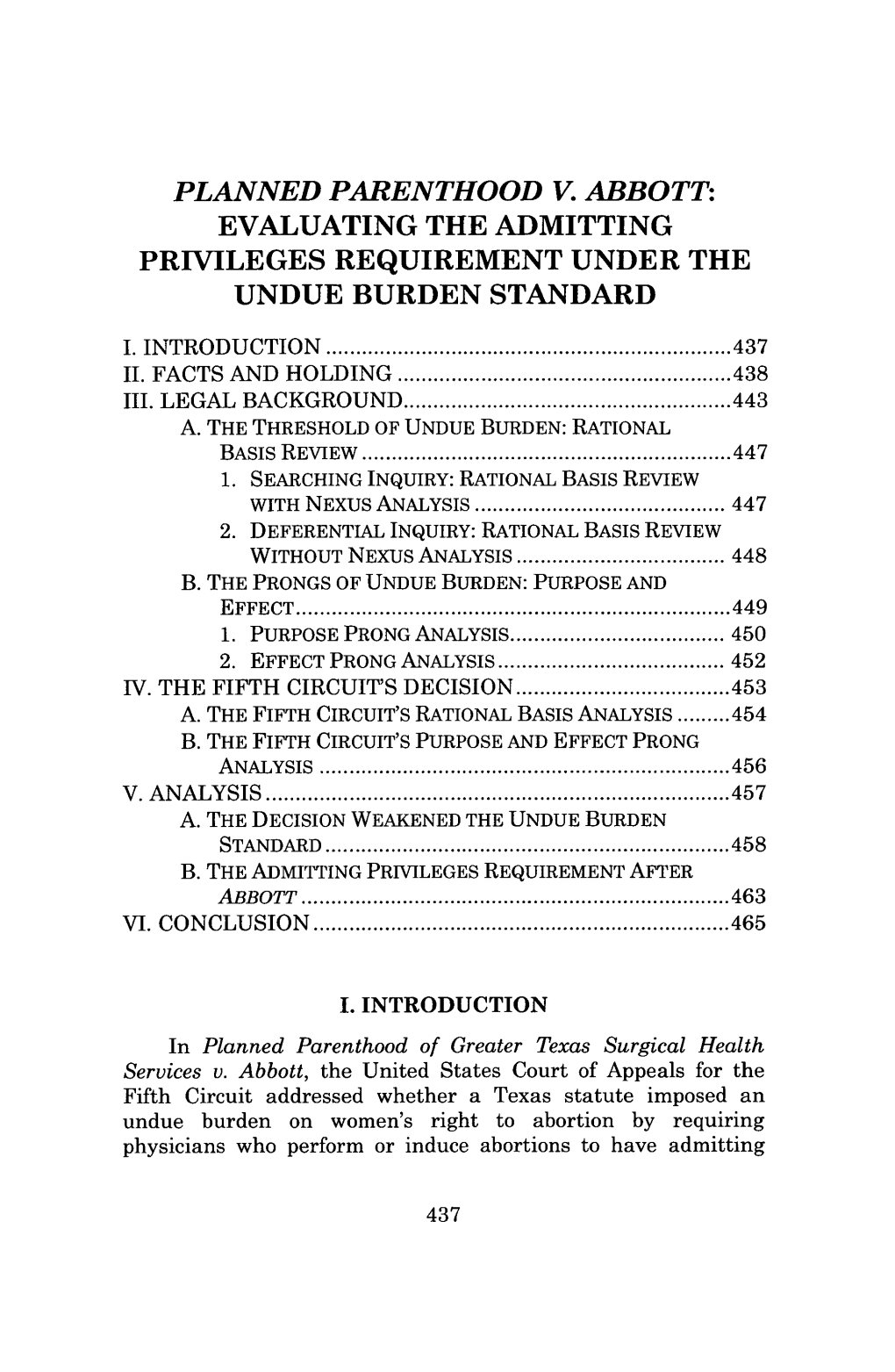 Planned Parenthood V. Abbott: Evaluating the Admitting Privileges Requirement Under the Undue Burden Standard