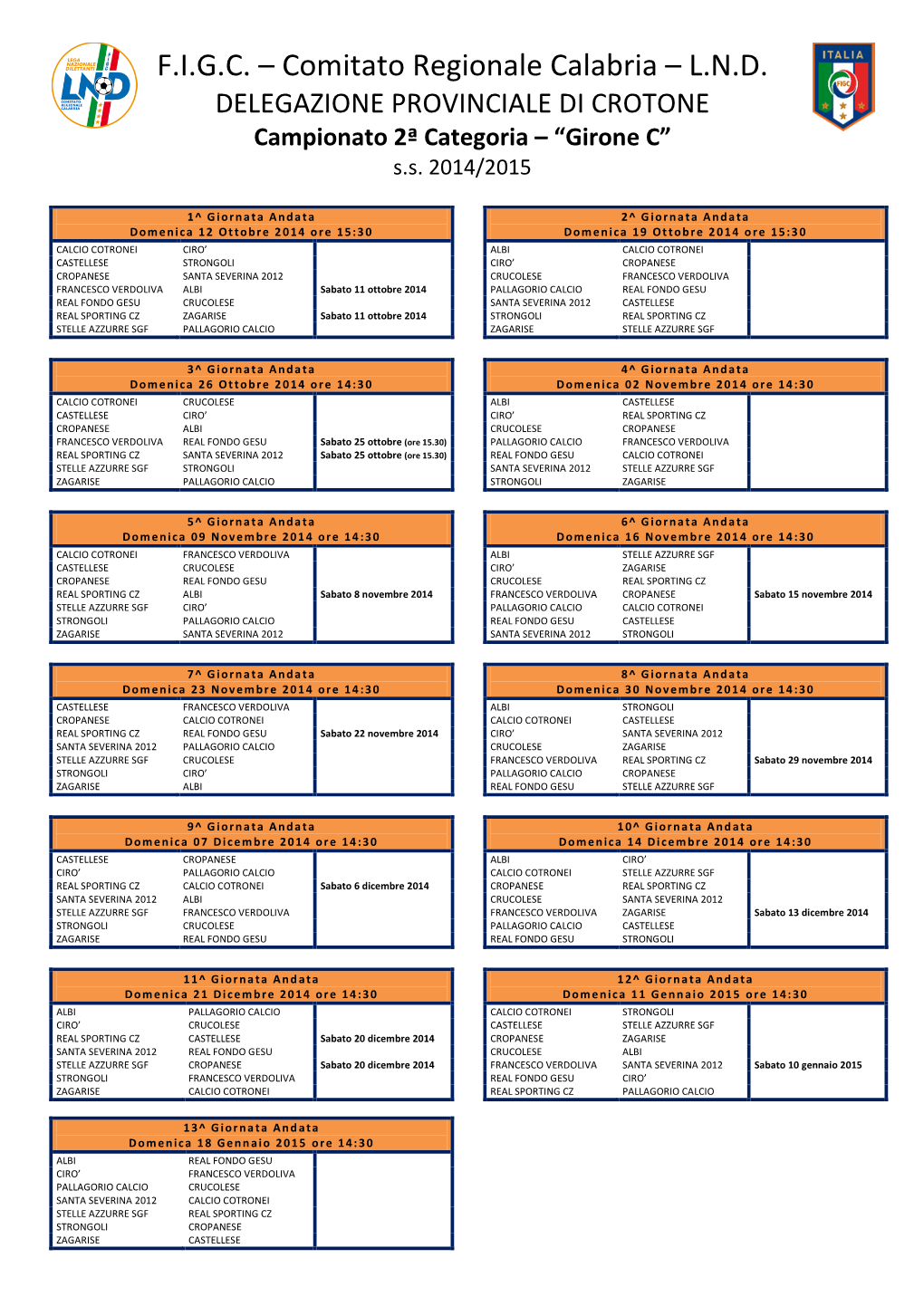 Calendario Seconda Categoria Calabria 2014-2015 GIRONE C