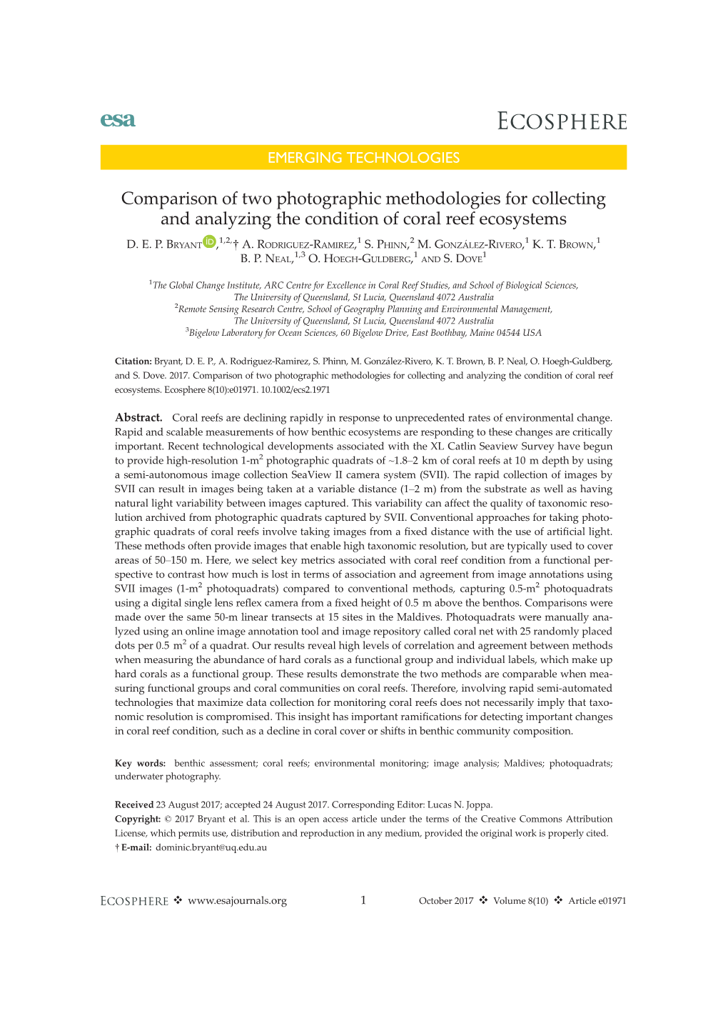 Comparison of Two Photographic Methodologies for Collecting and Analyzing the Condition of Coral Reef Ecosystems 1,2, 1 2 1 1 D