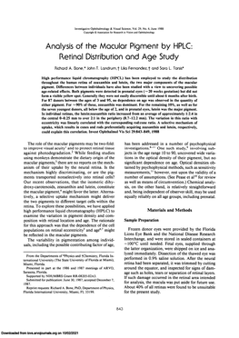 Analysis of the Macular Pigment by HPLG Retinal Distribution and Age Study