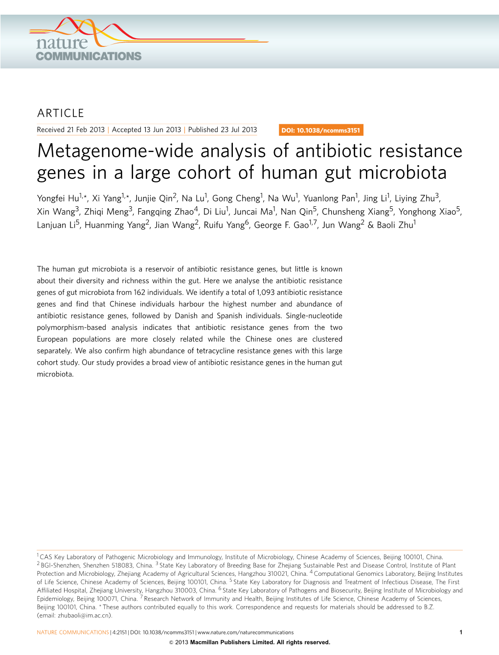 Metagenome-Wide Analysis of Antibiotic Resistance Genes in a Large Cohort of Human Gut Microbiota