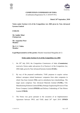 COMPETITION COMMISSION of INDIA (Combination Registration No. C-2018/07/591) Dated: 26Th September, 2018 Notice Under Section 6