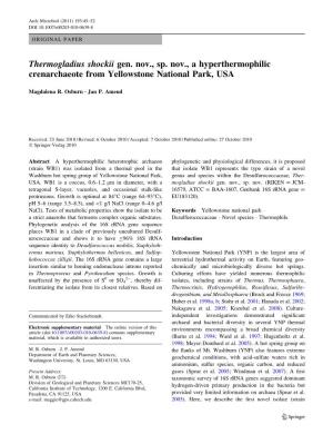 Thermogladius Shockii Gen. Nov., Sp. Nov., a Hyperthermophilic Crenarchaeote from Yellowstone National Park, USA