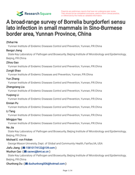 A Broad-Range Survey of Borrelia Burgdorferi Sensu Lato Infection in Small Mammals in Sino-Burmese Border Area, Yunnan Province, China