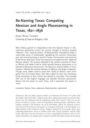 Competing Mexican and Anglo Placenaming in Texas, 1821–1836 Gene Rhea Tucker University of Texas at Arlington, USA