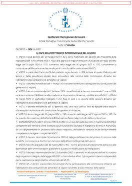 Ispettorato Interregionale Del Lavoro Emilia Romagna, Friuli Venezia Giulia, Marche, Veneto Sede Di Venezia DECRETO N