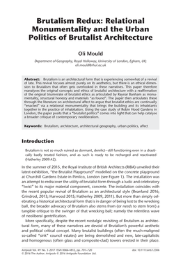 Brutalism Redux: Relational Monumentality and the Urban Politics of Brutalist Architecture