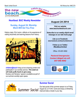 Heartbeat: BUC Weekly Newsletter Sunday, August 24, Worship Work Will Set You Free Summer Social
