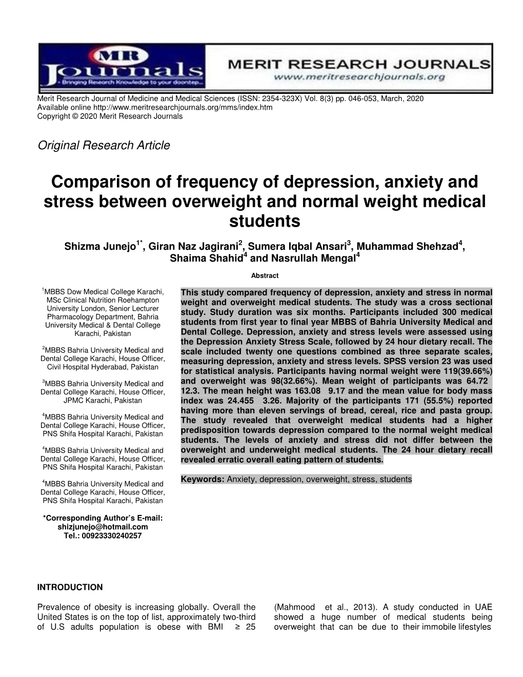 Comparison of Frequency of Depression, Anxiety and Stress Between Overweight and Normal Weight Medical Students