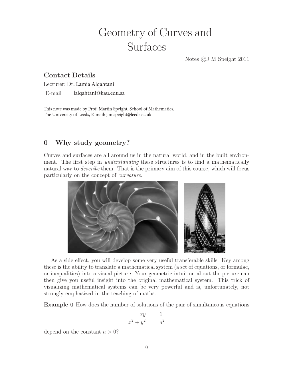 Geometry of Curves and Surfaces Notes C J M Speight 2011