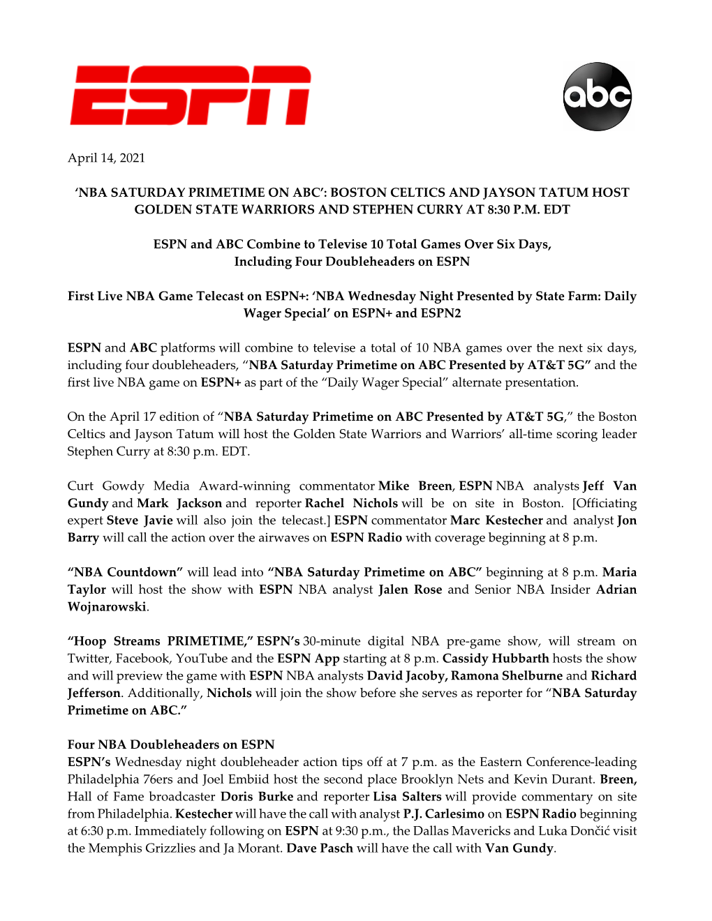 ESPN on ABC NBA Saturday Primetime 2021