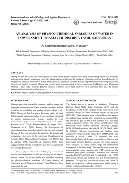 An Analysis of Physico-Chemical Variables of Water in Lower Anicut, Thanjavur District, Tamil Nadu, India