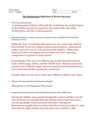 The Renaissance Reflection & Review Questions