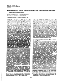 Common Evolutionary Origin of Hepatitis B Virus and Retroviruses (Hepadnaviruses/DNA Sequence Homology) ROGER H