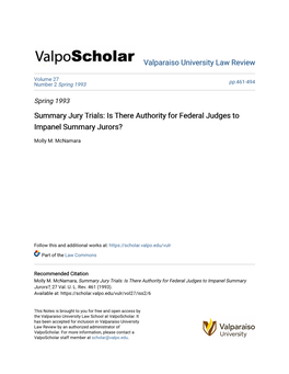 Summary Jury Trials: Is There Authority for Federal Judges to Impanel Summary Jurors?