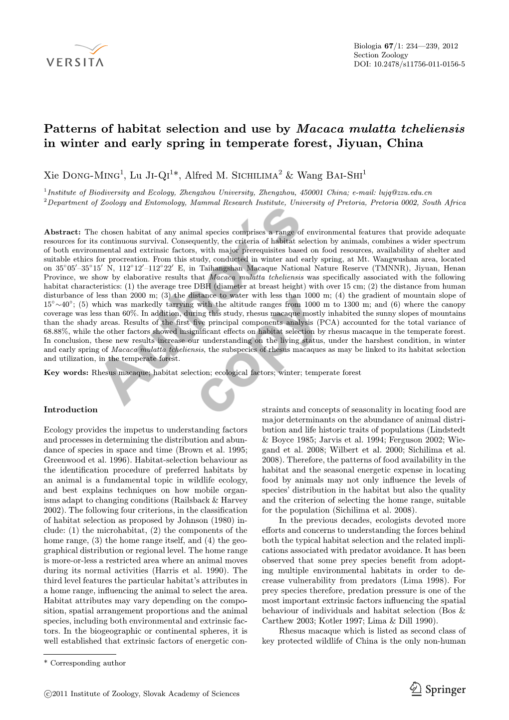 Patterns of Habitat Selection and Use by Macaca Mulatta Tcheliensis in Winter and Early Spring in Temperate Forest, Jiyuan, China