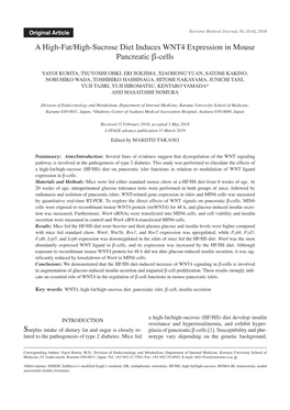 A High-Fat/High-Sucrose Diet Induces WNT4 Expression in Mouse Pancreatic Β-Cells