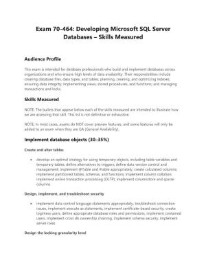 Exam 70-464: Developing Microsoft SQL Server Databases – Skills Measured