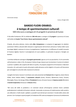 BANDO FUORI ORARIO: È Tempo Di Sperimentazioni Culturali 500 Mila Euro a Sostegno Di 15 Progetti in Provincia Di Cuneo