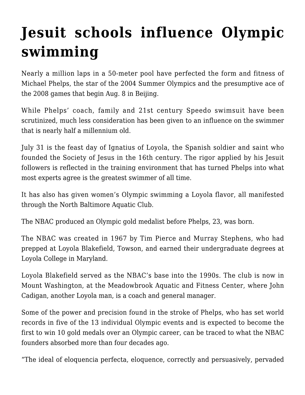 Jesuit Schools Influence Olympic Swimming