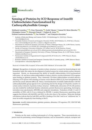 Sensing of Proteins by ICD Response of Iron(II) Clathrochelates Functionalized by Carboxyalkylsulﬁde Groups