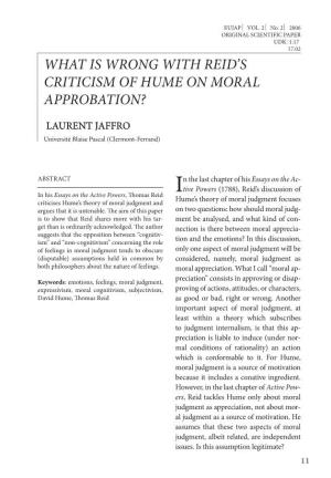 What Is Wrong with Reid's Criticism of Hume on Moral