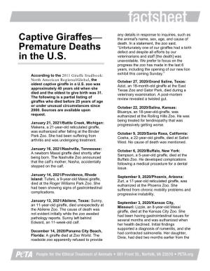 Captive Giraffes— Premature Deaths in the U.S