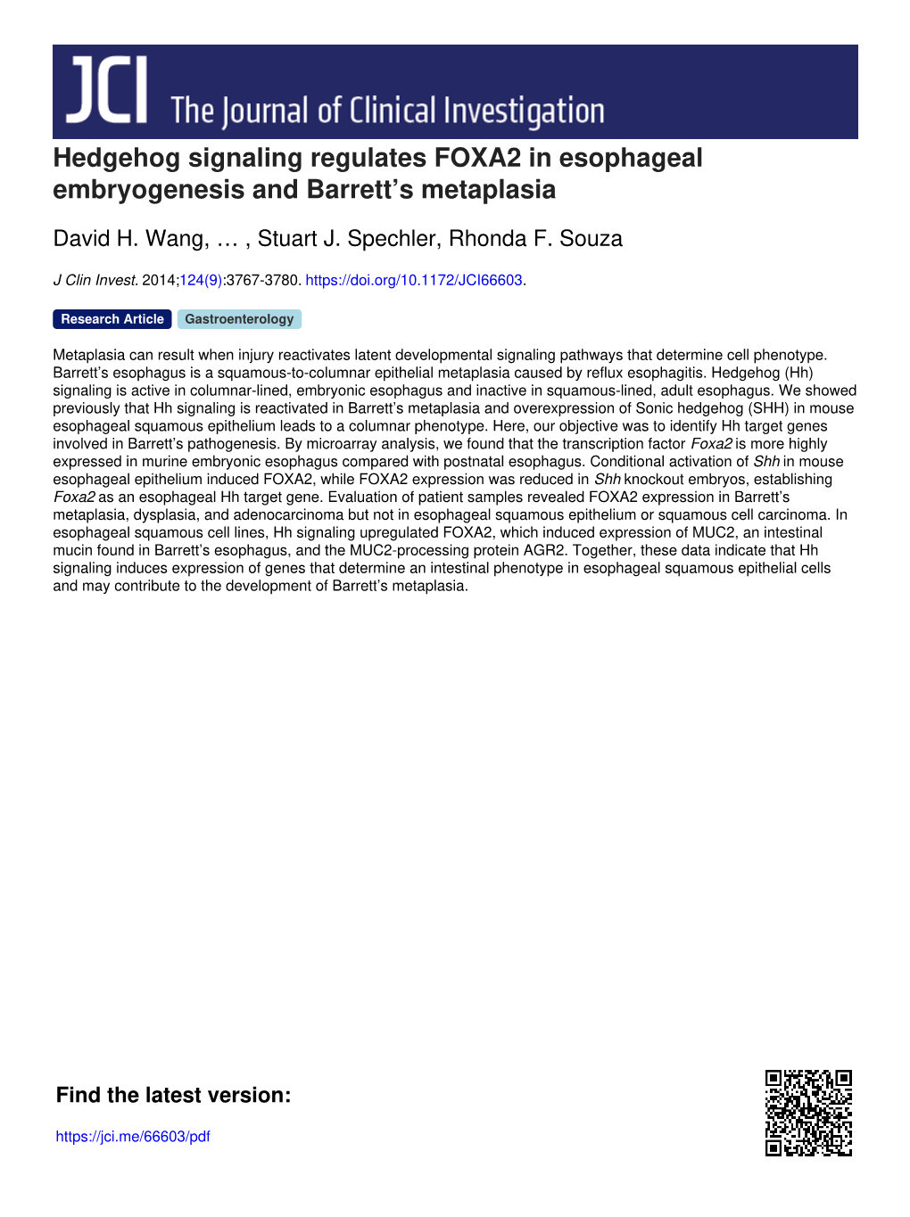 Hedgehog Signaling Regulates FOXA2 in Esophageal Embryogenesis and Barrett’S Metaplasia