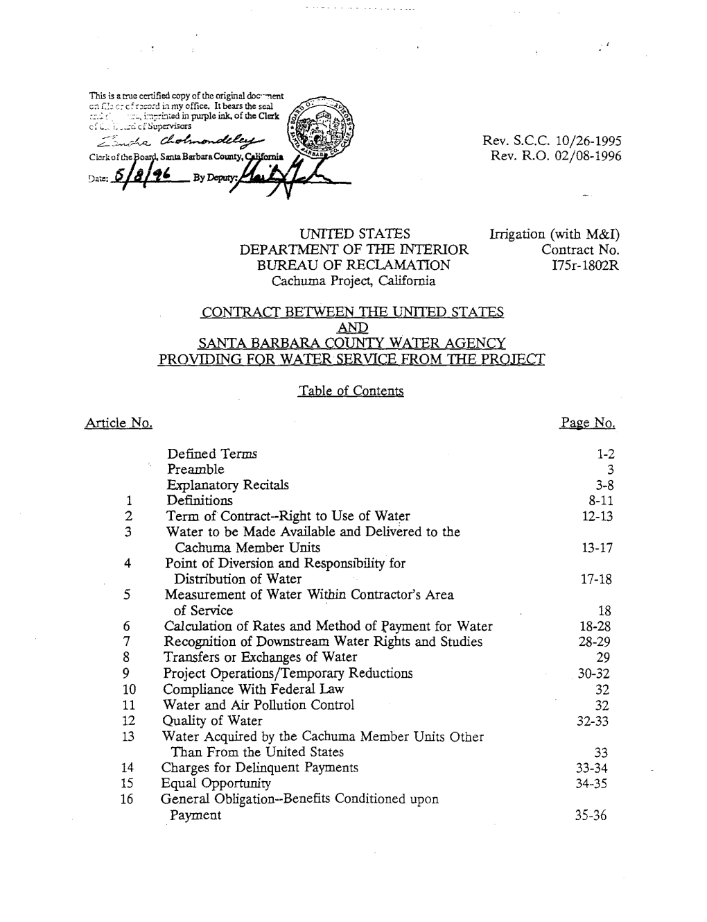 USBR / SBCWA Master Contract