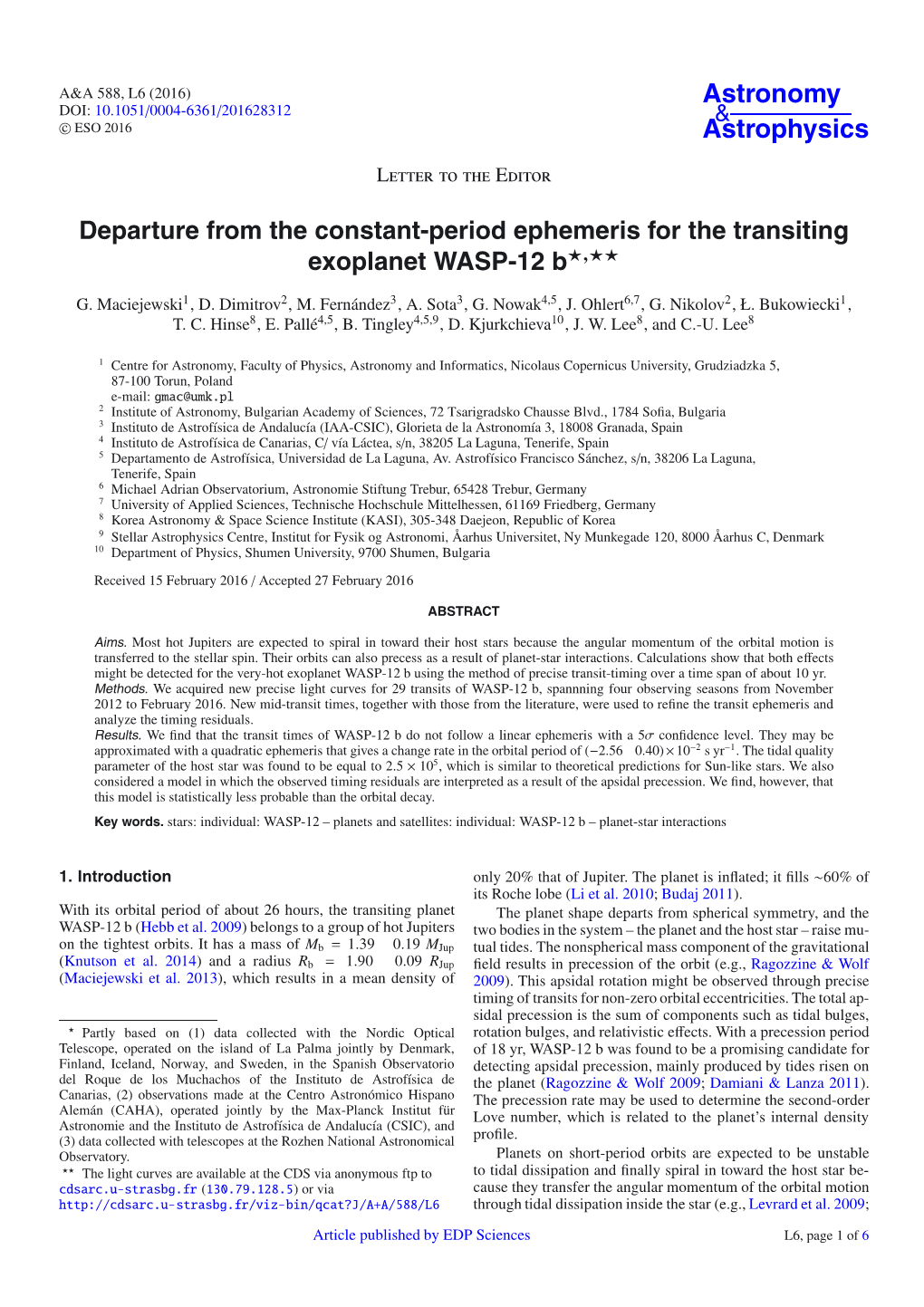 Departure from the Constant-Period Ephemeris for the Transiting Exoplanet WASP-12 B�,