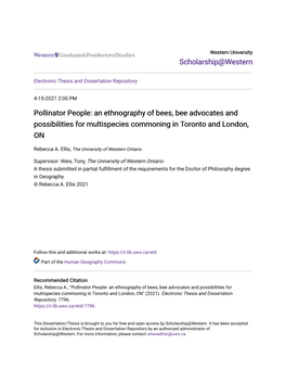 Pollinator People: an Ethnography of Bees, Bee Advocates and Possibilities for Multispecies Commoning in Toronto and London, ON