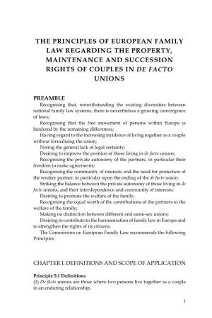 The Principles of European Family Law Regarding the Property, Maintenance and Succession Rights of Couples in De Facto Unions