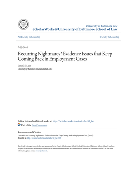 Recurring Nightmares? Evidence Issues That Keep Coming Back in Employment Cases Lynn Mclain University of Baltimore, Lmclain@Ubalt.Edu